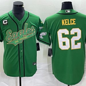 Men Philadelphia Eagles #62 Jason Kelce Green Gold With C Patch Cool Base Stitched Baseball Jersey