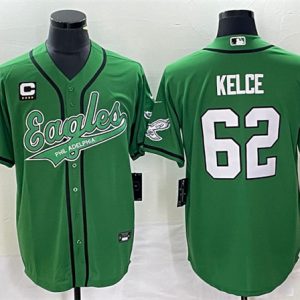 Men Philadelphia Eagles #62 Jason Kelce Green With C Patch Cool Base Stitched Baseball Jersey