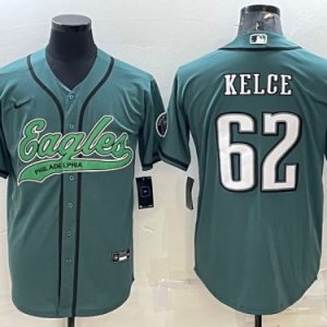 Men Philadelphia Eagles #62 Jason Kelce Green With Patch Cool Base Stitched Baseball Jersey