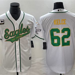 Men Philadelphia Eagles #62 Jason Kelce White Gold With C Patch Cool Base Baseball Stitched Jersey