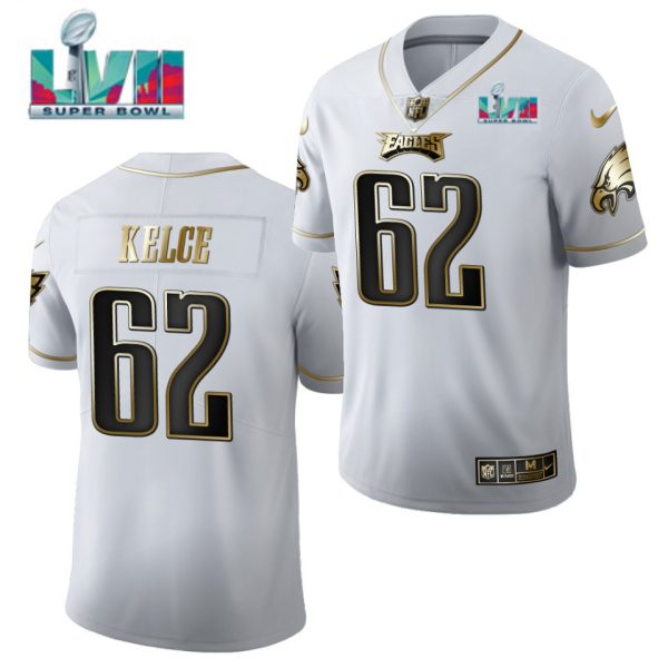 Men Philadelphia Eagles #62 Jason Kelce White Golden Super Bowl LVII Patch Limited Stitched Jersey