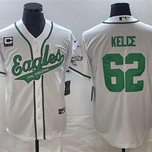 Men Philadelphia Eagles #62 Jason Kelce White With C Patch Cool Base Stitched Baseball Jersey