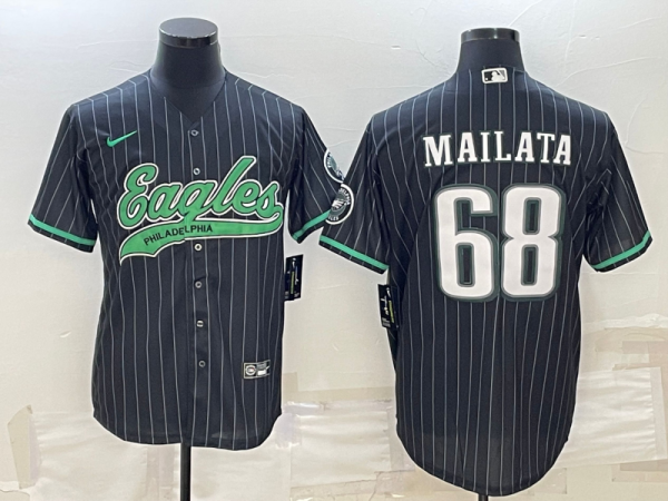 Men Philadelphia Eagles #68 Jordan Mailata Black With Patch Cool Base Stitched Baseball Jersey