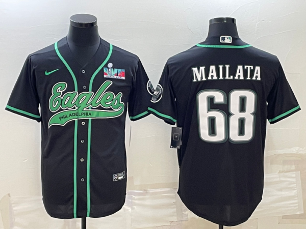 Men Philadelphia Eagles #68 Jordan Mailata Black With Super Bowl LVII Patch Cool Base Stitched Baseball Jersey