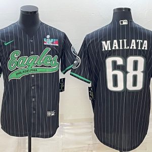 Men Philadelphia Eagles #68 Jordan Mailata Black With Super Bowl LVII Patch Cool Base Stitched Baseball Jersey