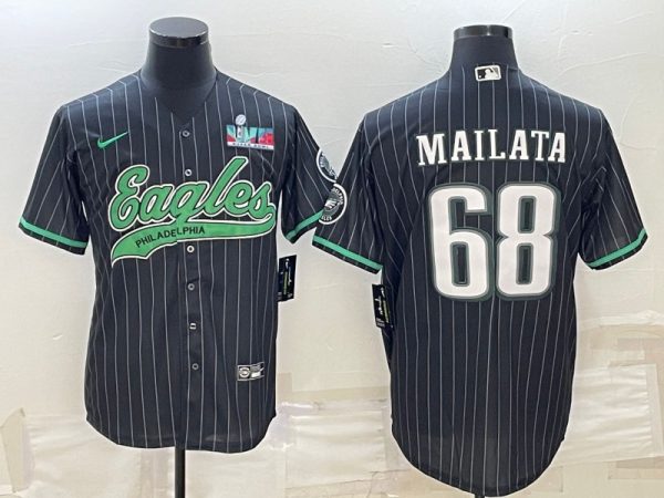 Men Philadelphia Eagles #68 Jordan Mailata Black With Super Bowl LVII Patch Cool Base Stitched Baseball Jersey