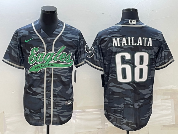 Men Philadelphia Eagles #68 Jordan Mailata Gray Camo With Patch Cool Base Stitched Baseball Jersey