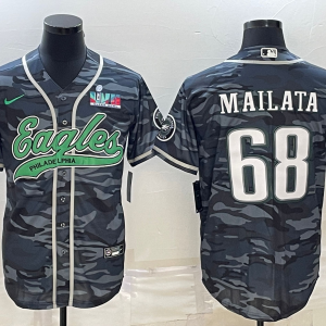 Men Philadelphia Eagles #68 Jordan Mailata Gray Camo With Super Bowl LVII Patch Cool Base Stitched Baseball Jersey