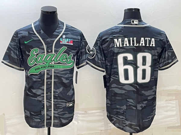 Men Philadelphia Eagles #68 Jordan Mailata Gray Camo With Super Bowl LVII Patch Cool Base Stitched Baseball Jersey