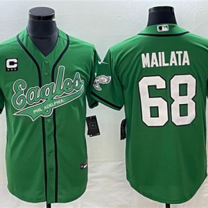 Men Philadelphia Eagles #68 Jordan Mailata Green With C Patch Cool Base Stitched Baseball Jersey