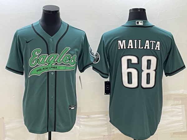 Men Philadelphia Eagles #68 Jordan Mailata Green With Patch Cool Base Stitched Baseball Jersey