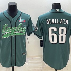 Men Philadelphia Eagles #68 Jordan Mailata Green With Super Bowl LVII Patch Cool Base Stitched Baseball Jersey