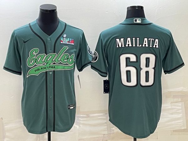 Men Philadelphia Eagles #68 Jordan Mailata Green With Super Bowl LVII Patch Cool Base Stitched Baseball Jersey