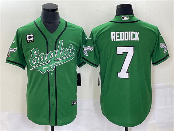 Men Philadelphia Eagles #7 Haason Reddick Green With C Patch Cool Base Stitched Baseball Jersey