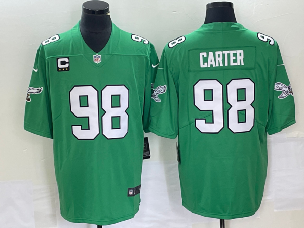 Men Philadelphia Eagles #98 Jalen Carter Green Vapor Limited With C Patch Stitched Football Jersey