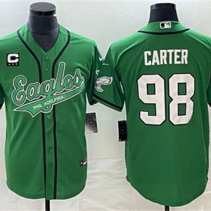 Men Philadelphia Eagles #98 Jalen Carter Green With C Patch Cool Base Stitched Baseball Jersey