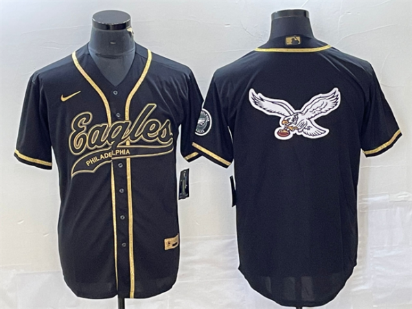 Men Philadelphia Eagles Black Gold Team Big Logo Cool Base Stitched Baseball Jersey