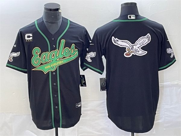 Men Philadelphia Eagles Black Team Big Logo With C Patch Cool Base Stitched Baseball Jersey