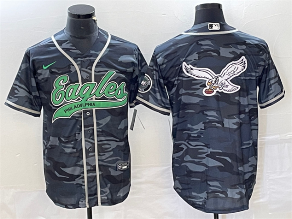 Men Philadelphia Eagles Gray Camo Team Big Logo Cool Base Stitched Baseball Jersey