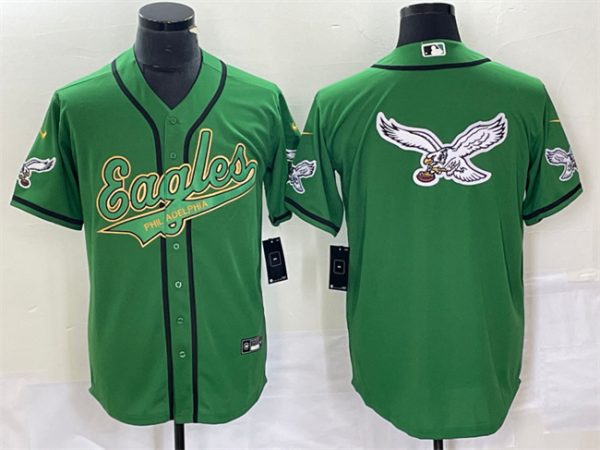 Men Philadelphia Eagles Green Gold Team Big Logo Cool Base Stitched Baseball Jersey