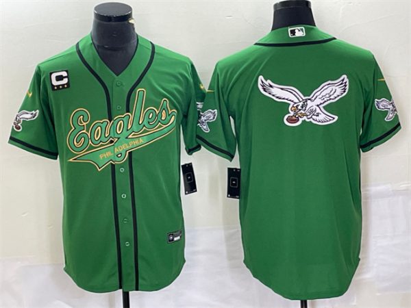 Men Philadelphia Eagles Green Gold Team Big Logo With C Patch Cool Base Stitched Baseball Jersey