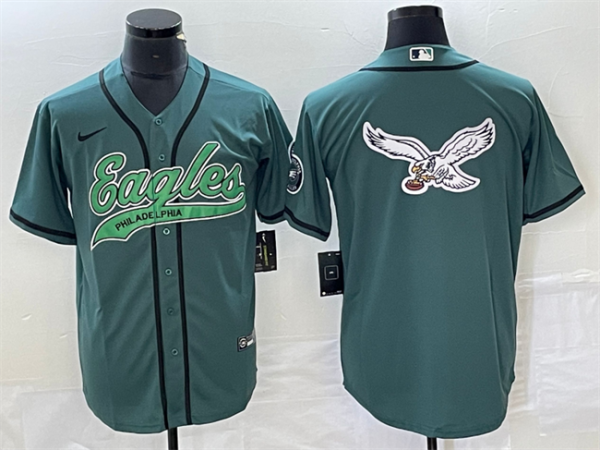 Men Philadelphia Eagles Green Team Big Logo Cool Base Stitched Baseball Jersey