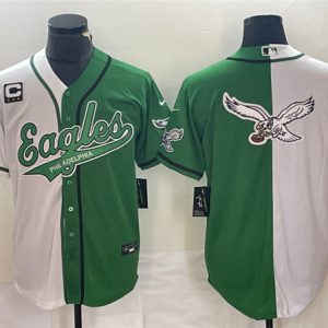 Men Philadelphia Eagles Green/White Split Team Big Logo With 3-star C Patch Cool Base Stitched Baseball Jersey