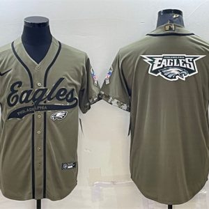 Men Philadelphia Eagles Olive 2022 Salute To Service Team Big Logo Cool Base Stitched Baseball Jersey