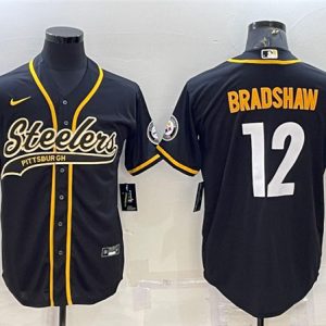 Men Pittsburgh Steelers #12 Terry Bradshaw Black With Patch Cool Base Stitched Baseball Baseball Jersey