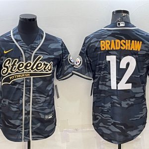 Men Pittsburgh Steelers #12 Terry Bradshaw Grey/Navy Camo With Patch Cool Base Stitched Baseball Jersey