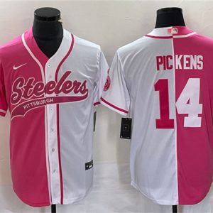 Men Pittsburgh Steelers #14 George Pickens White Pink Split Cool Base Stitched Baseball Jersey