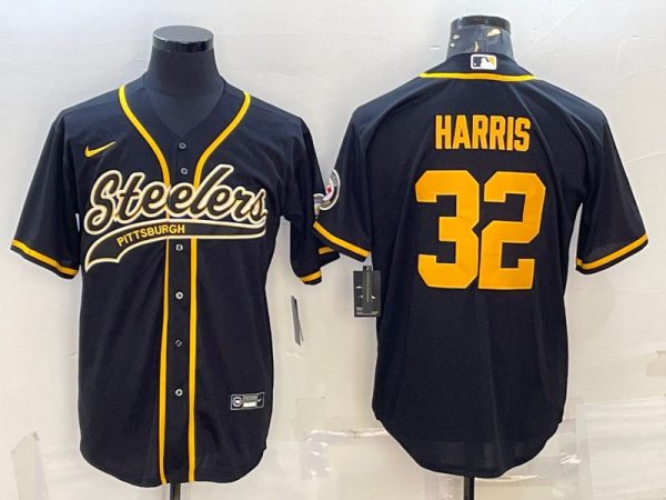 Men Pittsburgh Steelers #32 Franco Harris Black Gold With Patch Cool Base Stitched Baseball Jersey