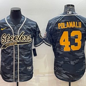 Men Pittsburgh Steelers #43 Troy Polamalu Gray/Navy Camo With Patch Cool Base Stitched Baseball Jersey