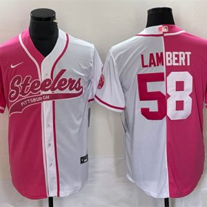 Men Pittsburgh Steelers #58 Jack Lambert White Pink Split Cool Base Stitched Baseball Jersey