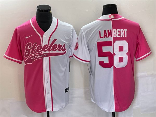 Men Pittsburgh Steelers #58 Jack Lambert White Pink Split Cool Base Stitched Baseball Jersey