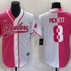 Men Pittsburgh Steelers #8 Kenny Pickett White Pink Split Cool Base Stitched Baseball Jersey