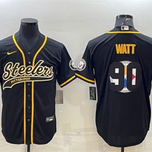 Men Pittsburgh Steelers #90 T. J. Watt Black Team Big Logo With Patch Cool Base Stitched Baseball Jersey