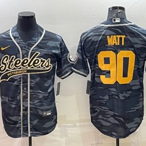 Men Pittsburgh Steelers #90 T. J. Watt Gray/Navy Camo With Patch Cool Base Stitched Baseball Jersey