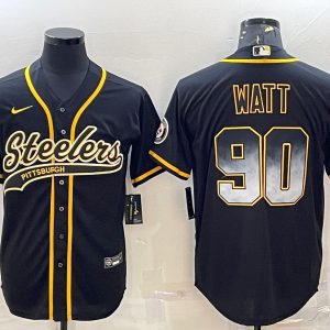 Men Pittsburgh Steelers #90 T.J. Watt Black Gold With Patch Cool Base Stitched Baseball Jersey