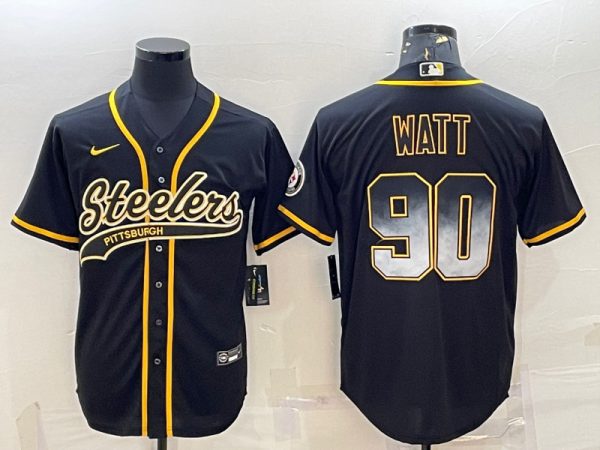 Men Pittsburgh Steelers #90 T.J. Watt Black Gold With Patch Cool Base Stitched Baseball Jersey