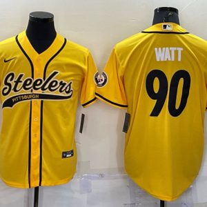 Men Pittsburgh Steelers #90 T.J. Watt Gold With Patch Cool Base Stitched Baseball Jersey