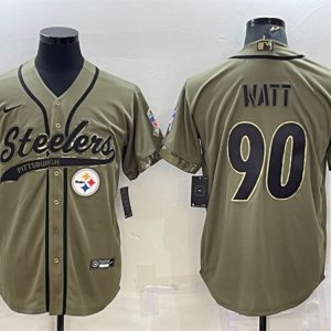 Men Pittsburgh Steelers #90 T.J. Watt Olive 2022 Salute to Service Cool Base Stitched Baseball Jersey