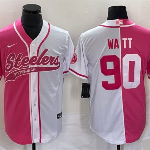 Men Pittsburgh Steelers #90 T.J. Watt White Pink Split Cool Base Stitched Baseball Jersey