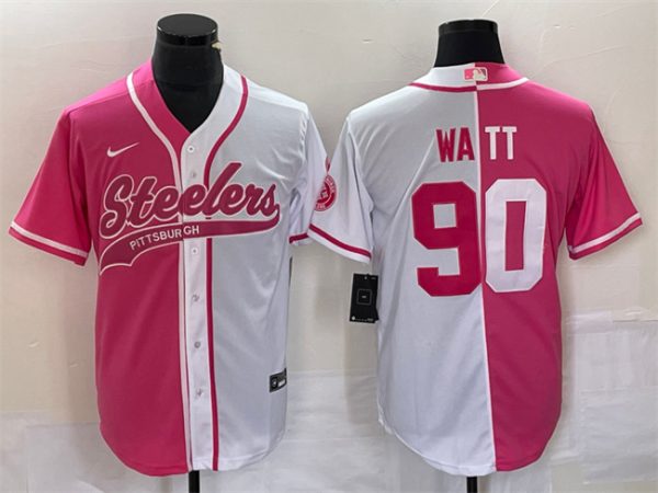 Men Pittsburgh Steelers #90 T.J. Watt White Pink Split Cool Base Stitched Baseball Jersey