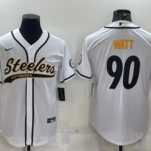 Men Pittsburgh Steelers #90 T.J. Watt White With Patch Cool Base Stitched Baseball Jersey