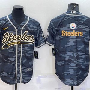 Men Pittsburgh Steelers Blank Gray Camo Team Big Logo With Patch Cool Base Stitched Baseball Jersey