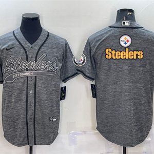 Men Pittsburgh Steelers Gray Team Big Logo With Patch Cool Base Stitched Baseball Jersey