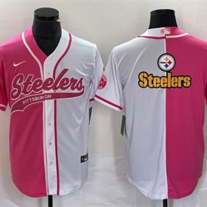 Men Pittsburgh Steelers White Pink Split Team Big Logo Cool Base Stitched Baseball Jersey