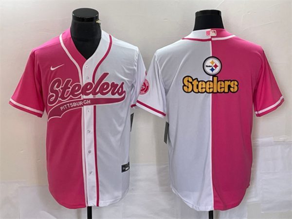 Men Pittsburgh Steelers White Pink Split Team Big Logo Cool Base Stitched Baseball Jersey