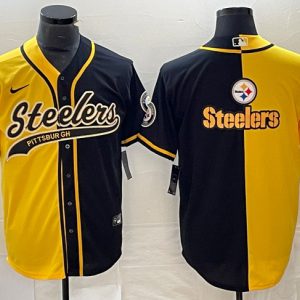 Men Pittsburgh Steelers Yellow Black Split Team Big Logo Cool Base Stitched Baseball Jersey